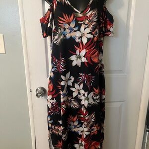 Tropical Floral Cold Shoulder Midi Dress